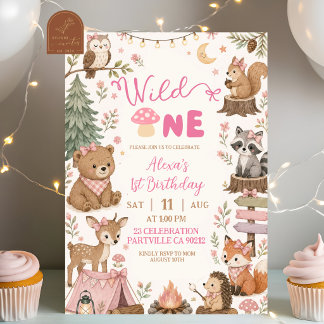 Rosa Waldtiere Wild One Mädchen Geburtstag Einladung