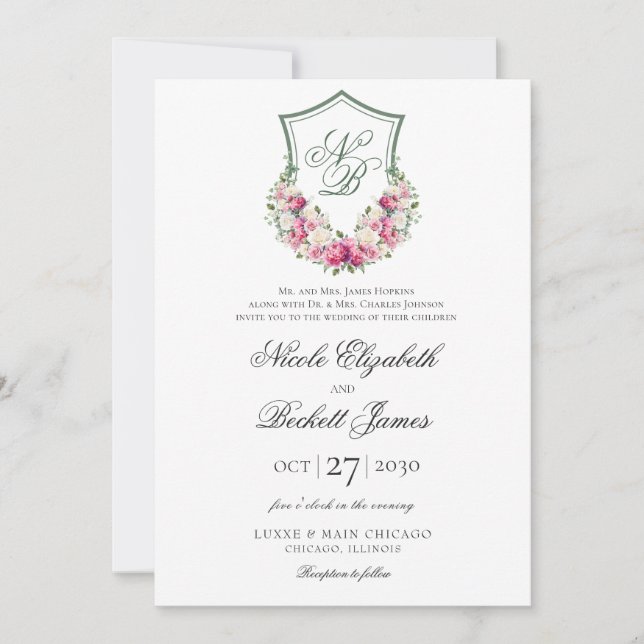 Rosa Wappen Hochzeit Einladung (Vorderseite)