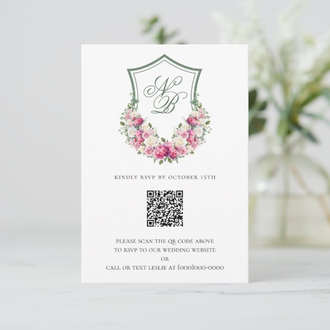 Rosa Wappen Hochzeit RSVP Karte (Stehend Vorderseite)