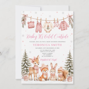 Rosa Wäscheleine Winter Wald Baby Shower Schnee Einladung