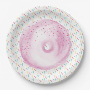 Rosa Wasserfarb-Frost-Donut und Streusel Pappteller