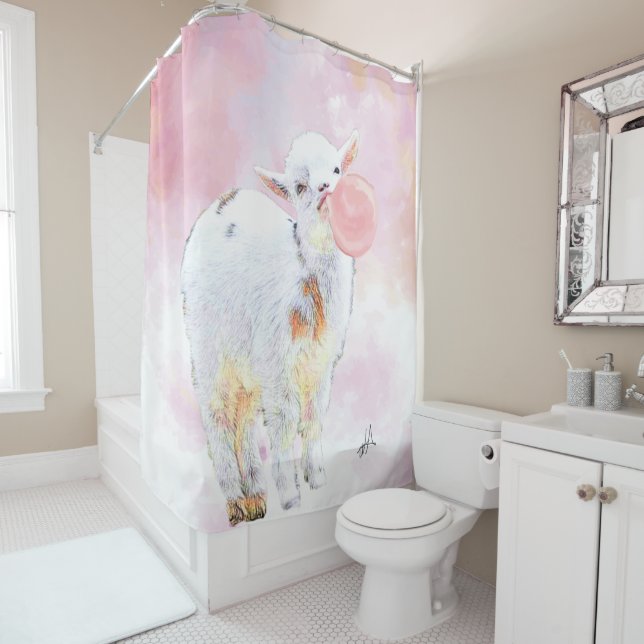 Rosa Wasserfarbe Adorable Babyziege mit Bubblegum Duschvorhang (Beispiel)