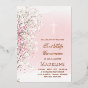 rosa Wasserfarbe Baby's Breath Erstkommunion Folieneinladung