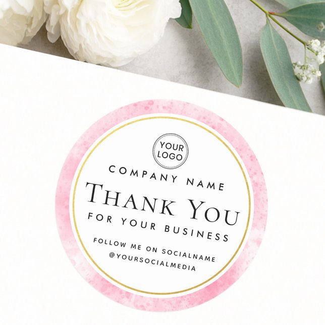 Rosa Wasserfarbe benutzerdefiniertes Logo Geschäft Runder Aufkleber (Pink watercolor custom logo business thank you classic round sticker)