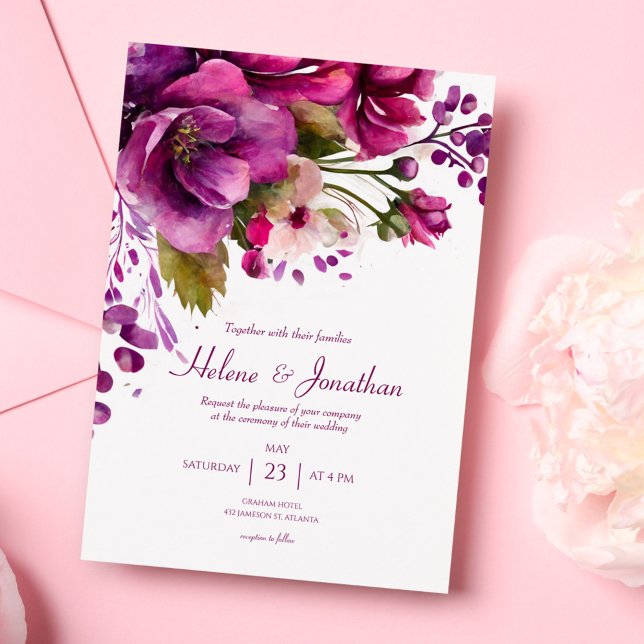 Rosa Wasserfarbe Bläserne Elegante Hochzeit Einladung (Pink Watercolor Floral Elegant Wedding Invitation)