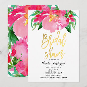 Rosa Wasserfarbe-Blume Floral Gold-Brautparty Einladung