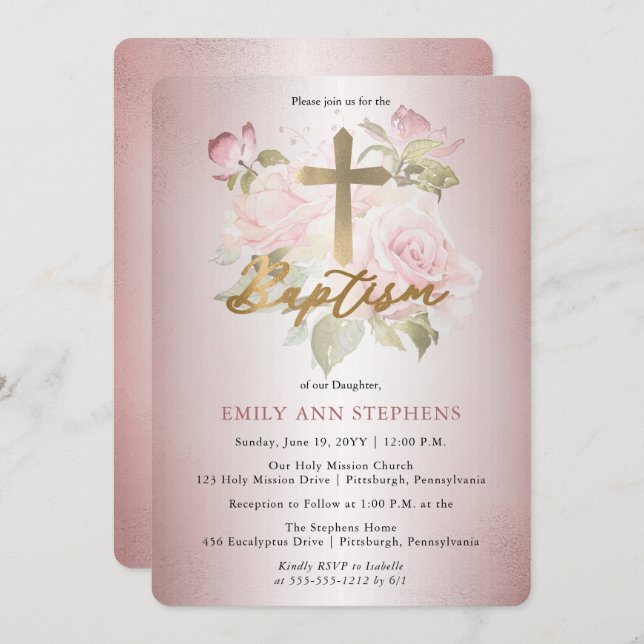 Rosa Wasserfarbe Blumenzwiebeln Taufe Einladung (Vorne/Hinten)
