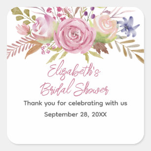 Rosa Wasserfarbe-Botanische Hochzeitsdusche  Quadratischer Aufkleber