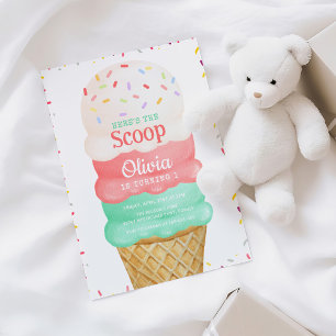 Rosa Wasserfarbe Eiscreme 1. Geburtstag Einladung