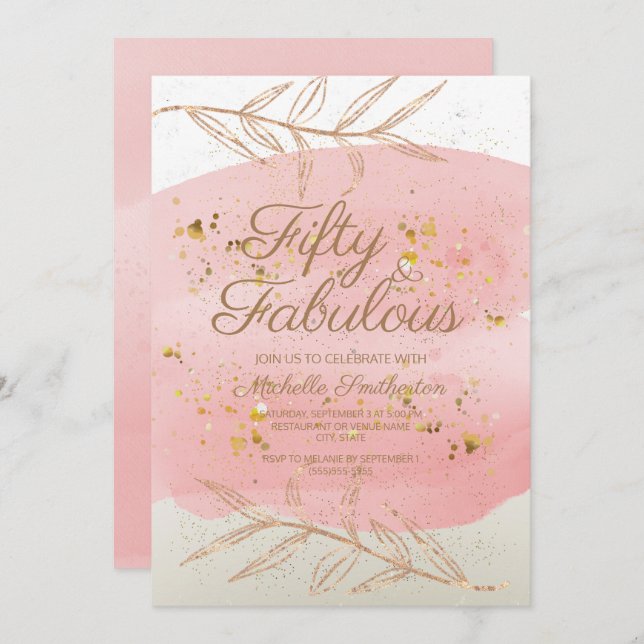 Rosa Wasserfarbe Elfenbein und Goldstaub 50. Gebur Einladung (Vorne/Hinten)