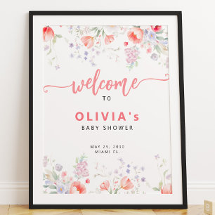 Rosa Wasserfarbe Floral Baby Shower Willkommenssch Poster
