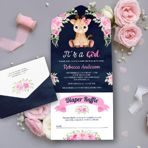 Rosa Wasserfarbe Floral Giraffe Navy Baby Shower All In One Einladung