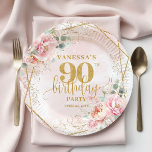 Rosa Wasserfarbe Floral Gold Rahmen 90. Geburtstag Pappteller