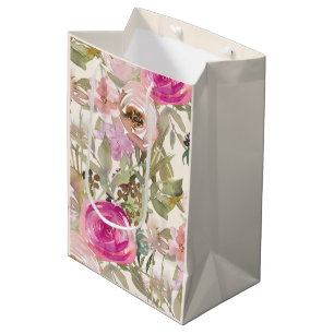 Rosa Wasserfarbe Floral Salbeigrüne Blätter Creme Mittlere Geschenktüte