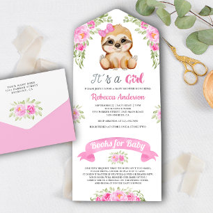 Rosa Wasserfarbe Floral Süßer Faultier Baby Shower All In One Einladung
