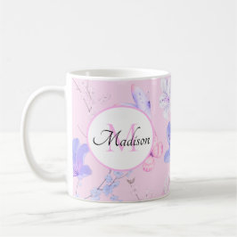 Rosa Wasserfarbe Florale Schmetterlinge Monogramm Kaffeetasse
