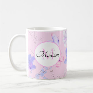 Rosa Wasserfarbe Florale Schmetterlinge Monogramm Kaffeetasse