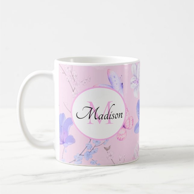 Rosa Wasserfarbe Florale Schmetterlinge Monogramm  Kaffeetasse (Links)