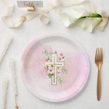 Rosa Wasserfarbe Florales Kreuz Baby-Tauf-Papier