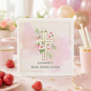 Rosa Wasserfarbe Florales Kreuz Baby-Taufe Name Serviette