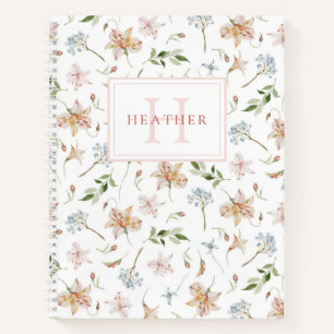 Rosa Wasserfarbe Florales Monogramm Name Notizbuch