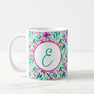 Rosa Wasserfarbe Frühlingsblumen-Monogramm Kaffeetasse