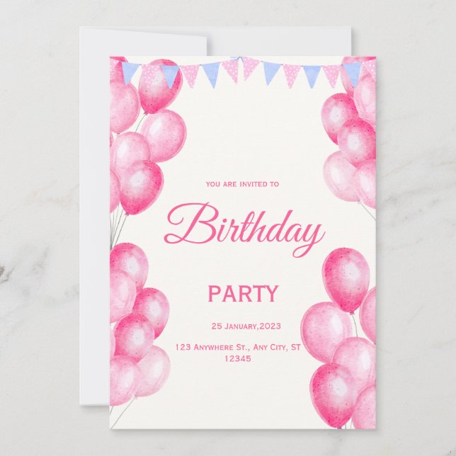Rosa Wasserfarbe Geburtstag Einladung (Vorderseite)