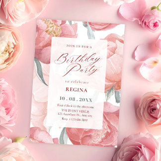 Rosa Wasserfarbe Geburtstag mit Blumen Einladung