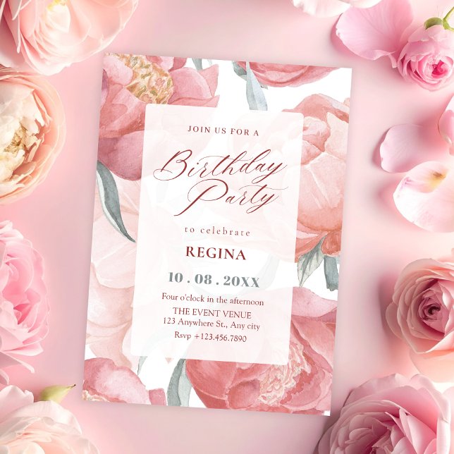 Rosa Wasserfarbe Geburtstag mit Blumen Einladung (Von Creator hochgeladen)