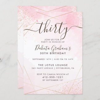 Rosa Wasserfarbe Gold 30 Geburtstagsparty Einladung