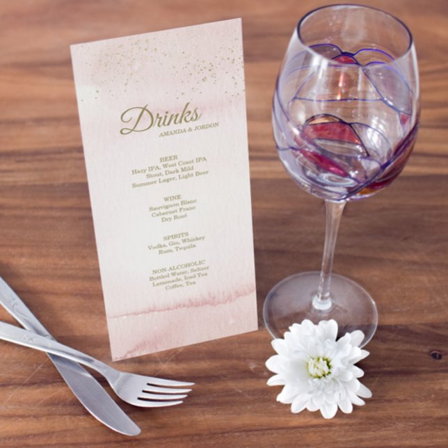 Rosa Wasserfarbe Gold Art Hochzeitsgetränk Menü Menükarte (Von Creator hochgeladen)