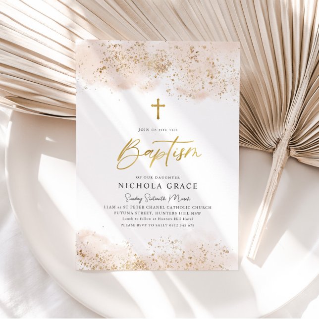Rosa Wasserfarbe Gold Cross Gir Christening Taufe Einladung (Von Creator hochgeladen)