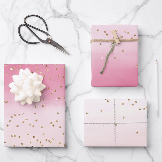 Rosa Wasserfarbe Gold Glitz Sparkasse Geschenkpapier Set (Vorderseite)