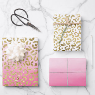 Rosa Wasserfarbe Gold Leopard Geschenkpapier Set