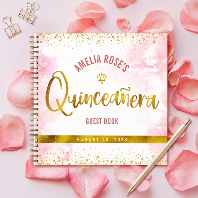 Rosa Wasserfarbe Gold Quinceñera Gästebuch Notizbuch (Von Creator hochgeladen)