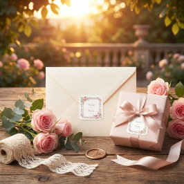 Rosa Wasserfarbe Goldrahmen Hochzeit mit errötende Quadratischer Aufkleber