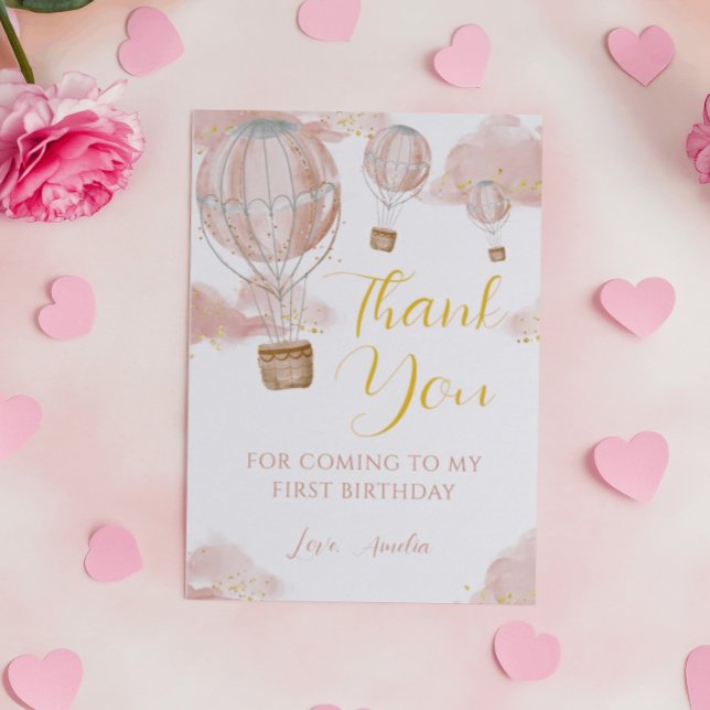 Rosa Wasserfarbe Heißluftballon Girl Geburtstag Dankeskarte (Von Creator hochgeladen)