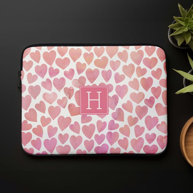 Rosa Wasserfarbe Herz Mit Monogramm Laptopschutzhülle (Von Creator hochgeladen)