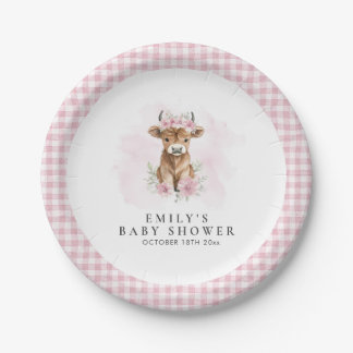Rosa Wasserfarbe Highland-Kuh-Mädchen-Baby-Party Pappteller