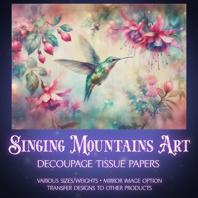 Rosa Wasserfarbe Hummingbird Decoupage mit Blumenm Seidenpapier (Von Creator hochgeladen)