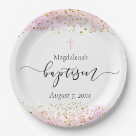 Rosa Wasserfarbe | Imitate Golddetails Taufe Pappteller