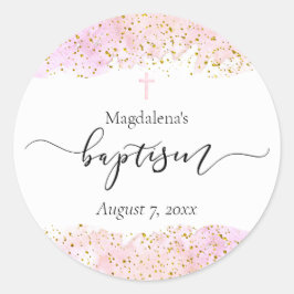 Rosa Wasserfarbe | Imitate Golddetails Taufe Runder Aufkleber