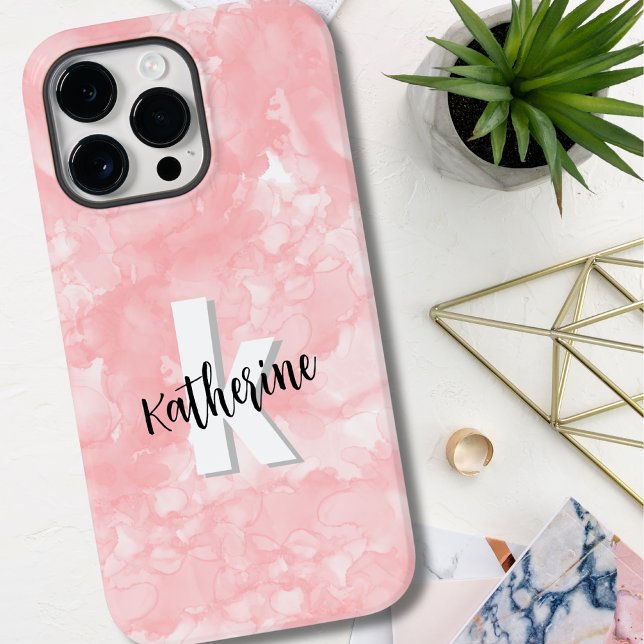 Rosa Wasserfarbe Initialen Monogramm Case-Mate iPhone Hülle (Simple Pink Watercolor Initial Monogram Case-Mate iPhone 14 Pro Max Case)