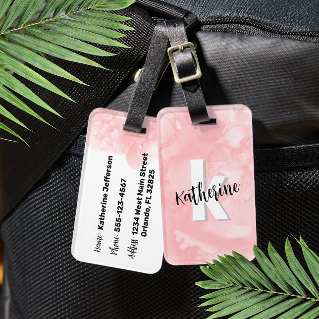 Rosa Wasserfarbe Initialen Monogramm Gepäckanhänger (Cute Pink Watercolor Initial Monogram Luggage Tag)