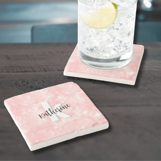 Rosa Wasserfarbe Initialen Monogramm Steinuntersetzer (Pink Watercolor Initial Monogram Stone Coaster)