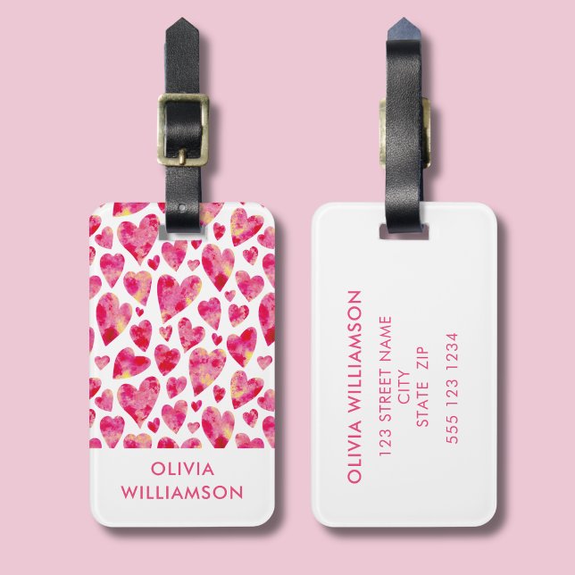 Rosa Wasserfarbe-Liebesherz Gepäckanhänger (Pink watercolour loveheart personalized luggage tag, ideal for honeymoon travel)