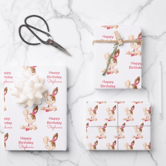 Rosa Wasserfarbe Little Bunny Geschenkpapier Set (Vorderseite)
