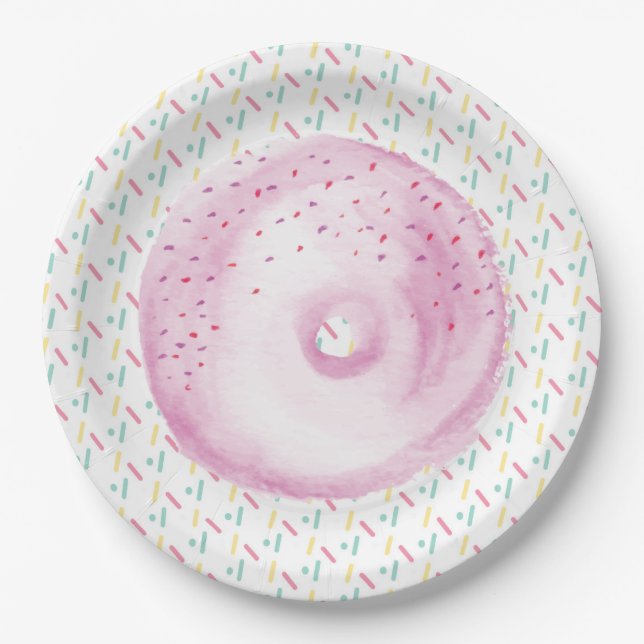 Rosa Wasserfarbe Mattiert Donut und Sprinklen Pappteller (Vorderseite)