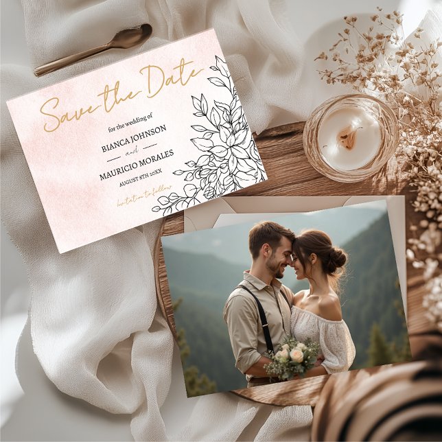 Rosa Wasserfarbe mit eleganter schwarzer botanisch Save The Date (Blush Watercolor with Elegant Black Botanical Art Save The Date)