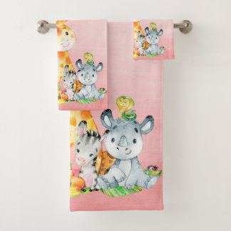Rosa Wasserfarbe Niedlich Safari Jungle Animes Badhandtuch Set